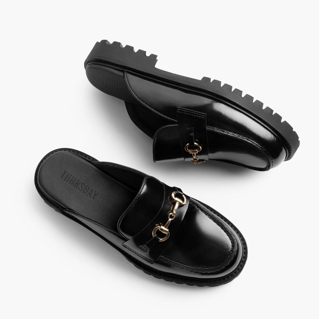 High-Traction Rubber Outsole & Lug Tread Pattern on Penny Mule Μαύρο & Gold Δερμάτινα μοκασίνια Γυναικείο