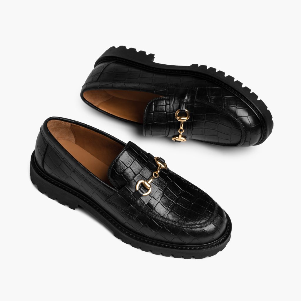 High-Traction Rubber Outsole & Lug Tread Pattern on Penny Μαύρο & Gold Croco Δερμάτινα μοκασίνια Γυναικείο