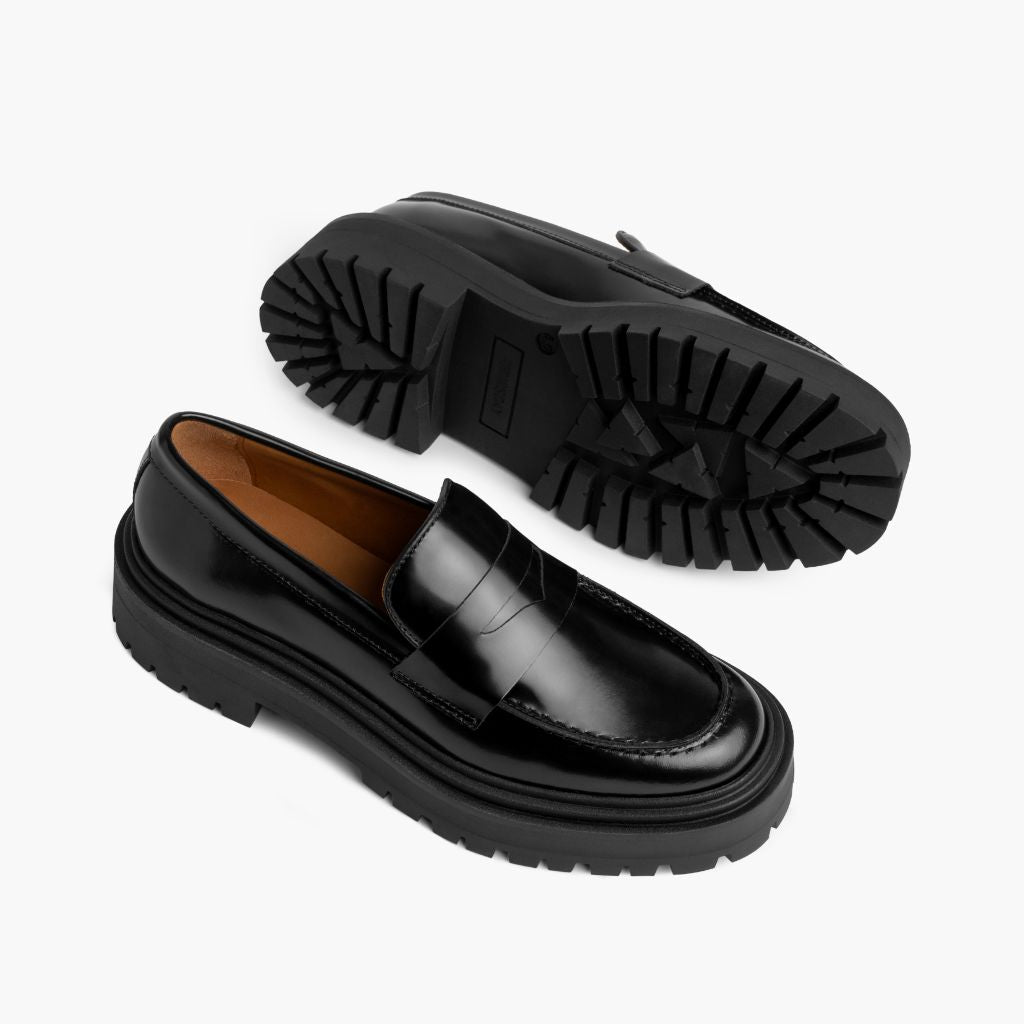 High-Traction Rubber Outsole & Lug Tread Pattern on Penny Platform Μαύρο Δερμάτινα μοκασίνια Γυναικείο