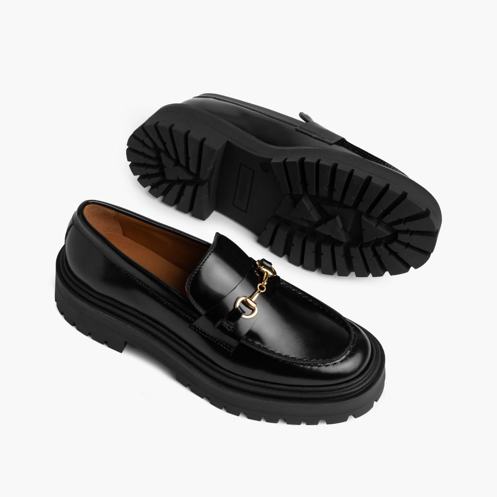 High-Traction Rubber Outsole & Lug Tread Pattern on Penny Platform Μαύρο & Gold Δερμάτινα μοκασίνια Γυναικείο