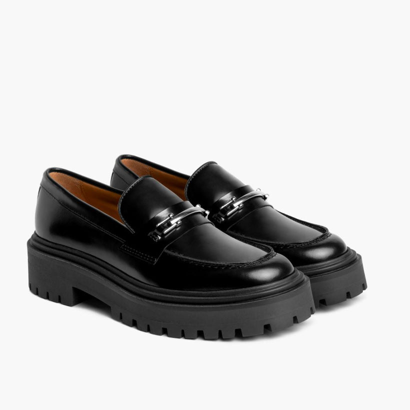 Penny Platform Μαύρο & Silver Leather Loafers Γυναικείο