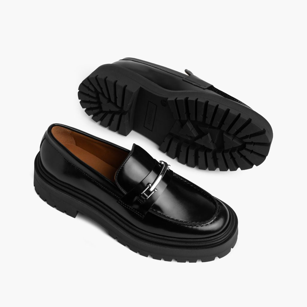 High-Traction Rubber Outsole & Lug Tread Pattern on Penny Platform Μαύρο & Silver Δερμάτινα μοκασίνια Γυναικείο