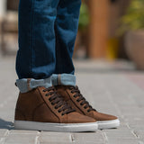 Marty High Top Brown Suede Sneakers For Men in Brown Goatskin Suede - Lateral Side Profile View | Buy Online