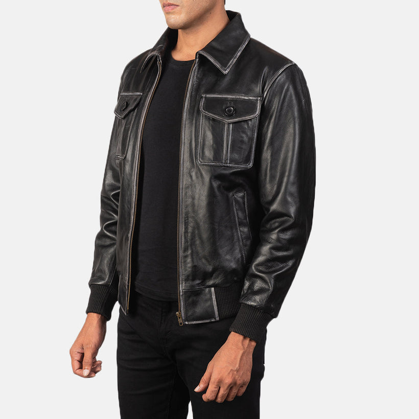 Aaron Μαύρο Δερμάτινο Μπουφάν Bomber Ανδρικό