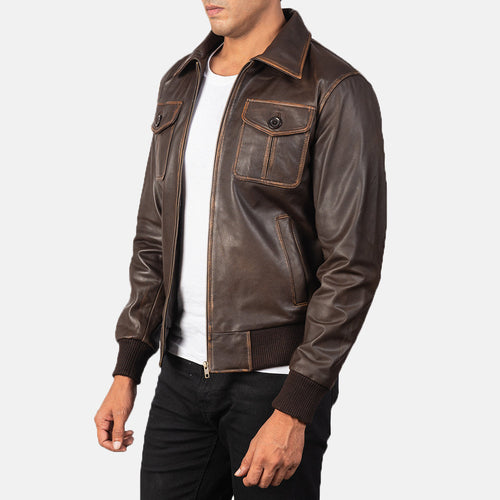 Brown Goatskin Leather Bomber Jacket - Back View Showing Tailored Shoulder Fit & Clean Hemline