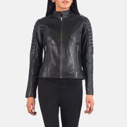 
Black Sheepskin Leather Biker Jacket - Πίσω όψη με εφαρμογή στους ώμους & καθαρό στρίφωμα