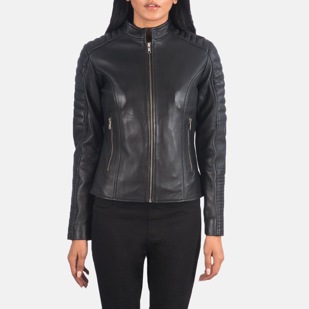 
Κοντινό πλάνο λεπτομέρειας of Band & Zipper Hardware on Adalyn Καπιτονέ Μαύρο Δερμάτινο Μπουφάν Biker Γυναικείο
