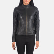 
Κοντινό πλάνο λεπτομέρειας of Band & Zipper Hardware on Adalyn Καπιτονέ Μαύρο Δερμάτινο Μπουφάν Biker Γυναικείο