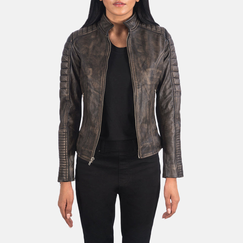 Adalyn Quilted Distressed Καφέ Δερμάτινο Μπουφάν Biker Γυναικείο