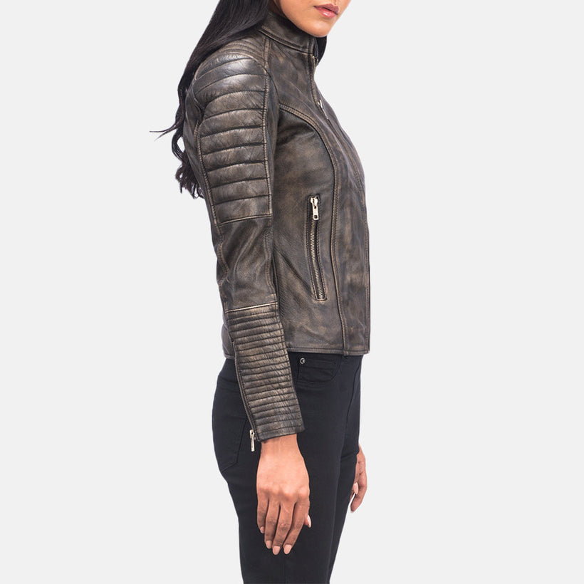 Adalyn Quilted Distressed Καφέ Δερμάτινο Μπουφάν Biker Γυναικείο