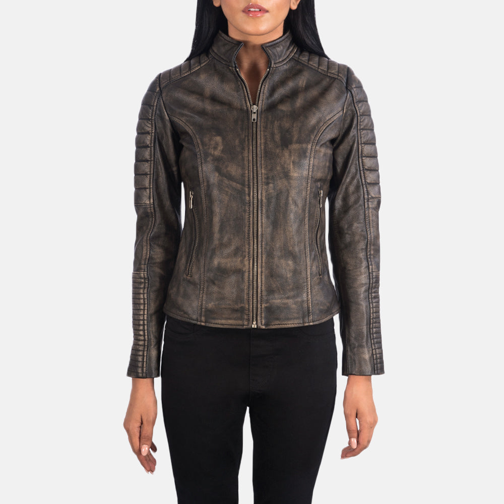 
Κοντινό πλάνο λεπτομέρειας of Band & Zipper Hardware on Adalyn Καπιτονέ Distressed Καφέ Δερμάτινο Μπουφάν Biker Γυναικείο