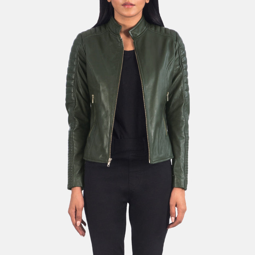 Adalyn Quilted Green Δερμάτινο Μπουφάν Biker Γυναικείο