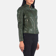 
Green Sheepskin Leather Biker Jacket - Πίσω όψη με εφαρμογή στους ώμους & καθαρό στρίφωμα