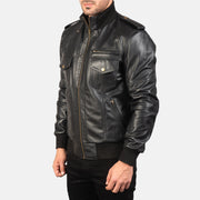 Black Sheepskin Leather Bomber Jacket - Back View Showing Tailored Shoulder Fit &amp; Clean Hemline