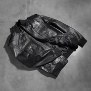 Rib knit &amp; Hem Craftsmanship Construction Detail on Men's Agent Shadow Black Leather Bomber Jacket
