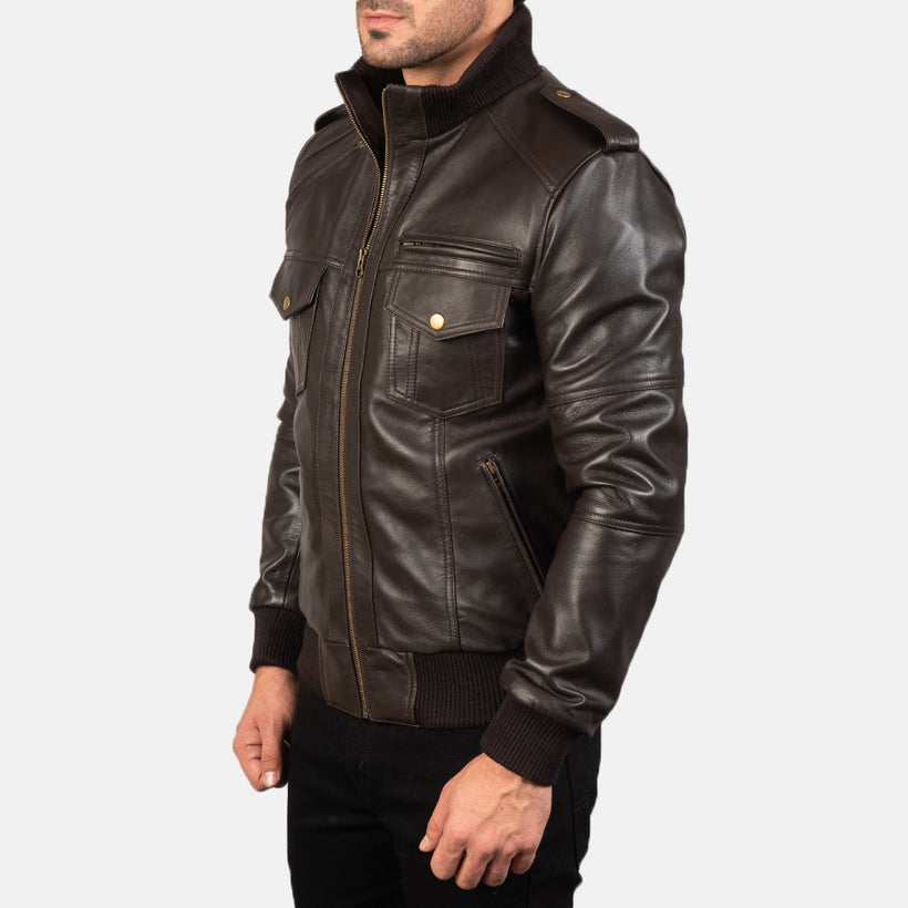 Agent Shadow Καφέ Δερμάτινο Μπουφάν Bomber Ανδρικό