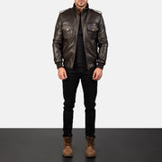 Men's Agent Shadow Brown Leather Bomber Jacket - Lateral Side Profile View Showing Sleeve Cut &amp; Athletic Taper Fit