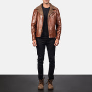 Close-Up Detail of Notch &amp; Zipper Hardware on Men's Alberto Shearling Brown Leather Jacket