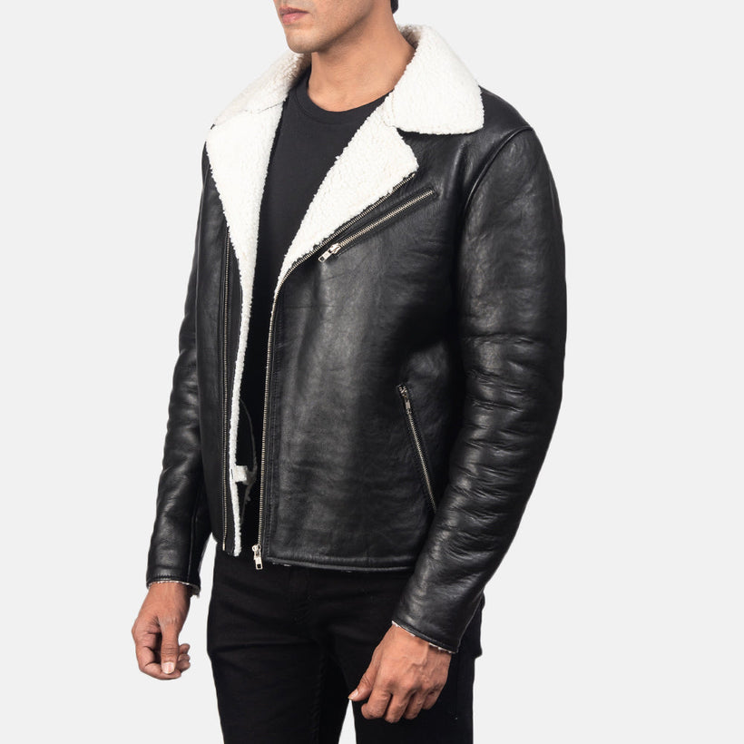 Alberto White Shearling Μαύρο Δερμάτινο Μπουφάν Ανδρικό