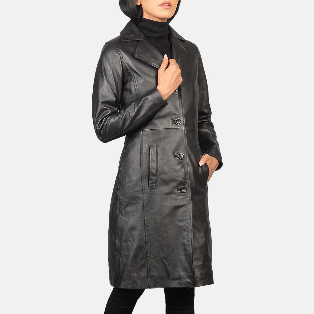 
Black Cowhide leather Coat - Πίσω όψη με εφαρμογή στους ώμους & καθαρό στρίφωμα
