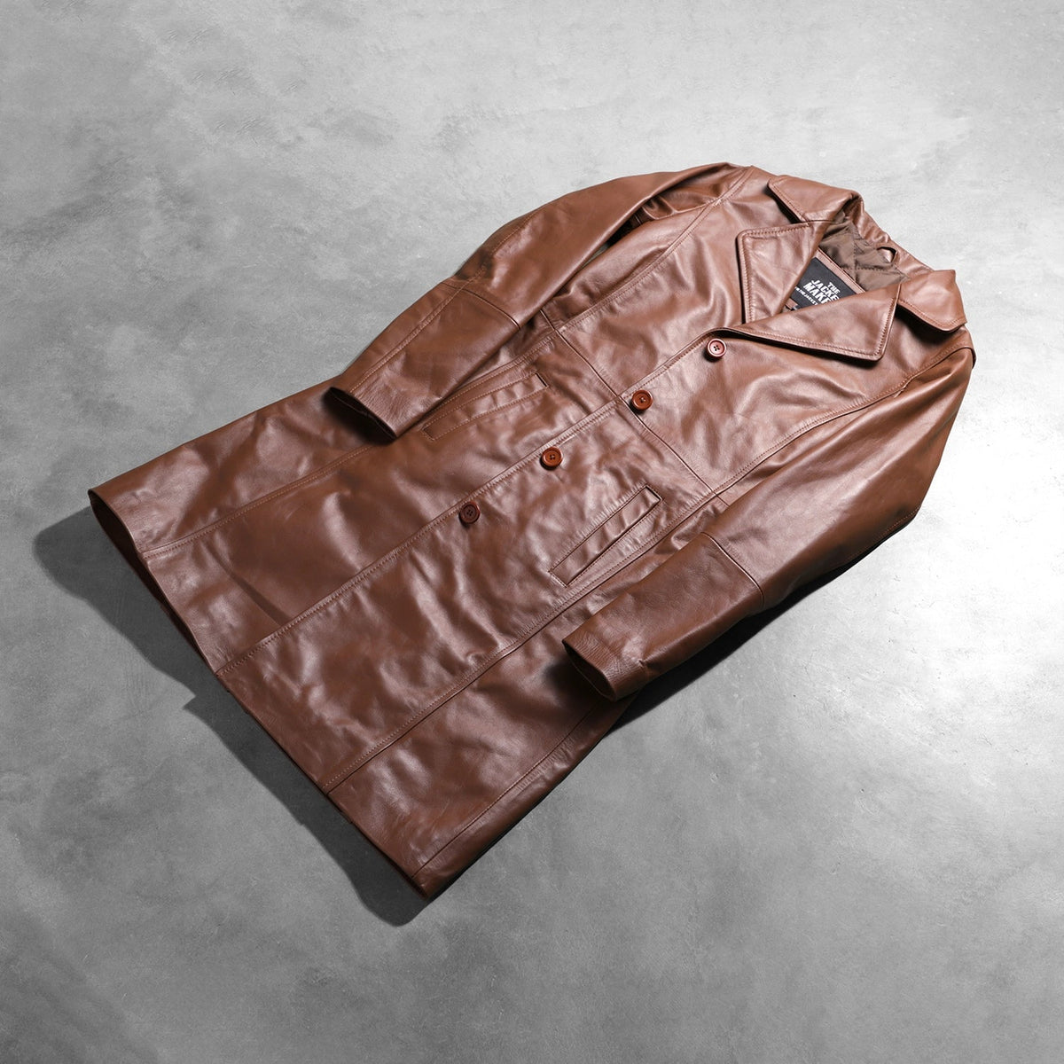 Open Hem &amp; Hem Craftsmanship Construction Detail on Women's Alexis Brown Single Breasted Leather Coat