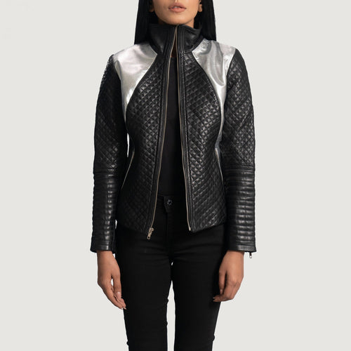 Women's Alia Metallic Black Leather Biker Jacket in Black Sheepskin Leather - Front Profile View & Tailored Silhouette | Buy Online