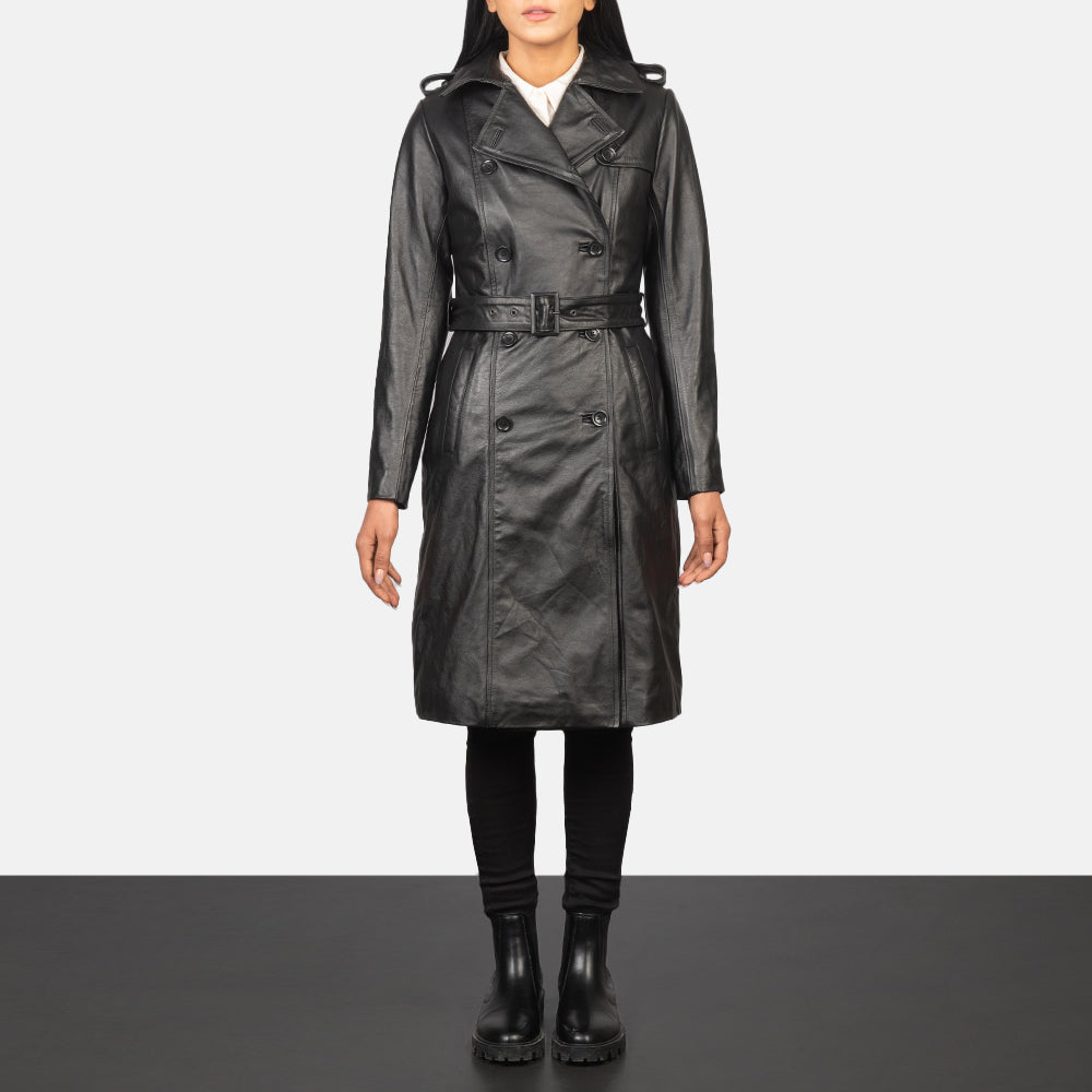 
Alice Black Double Breasted Leather Coat in Black Cowhide Leather - Μπροστινή όψη & εφαρμοστή σιλουέτα | Αγορά online