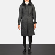 Women's Alina Shearling Black Leather Coat in Distressed Black Sheepskin Leather - Front Profile View &amp; Tailored Silhouette | Buy Online
