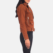 
Brown Goatskin Suede Biker Jacket - Πίσω όψη με εφαρμογή στους ώμους & καθαρό στρίφωμα