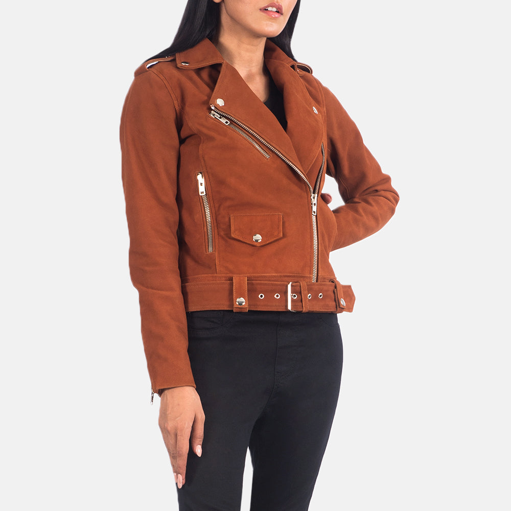 
Κοντινό πλάνο λεπτομέρειας of Notch & Zipper Hardware on Alison Καφέ Suede Δερμάτινο Μπουφάν Biker Γυναικείο