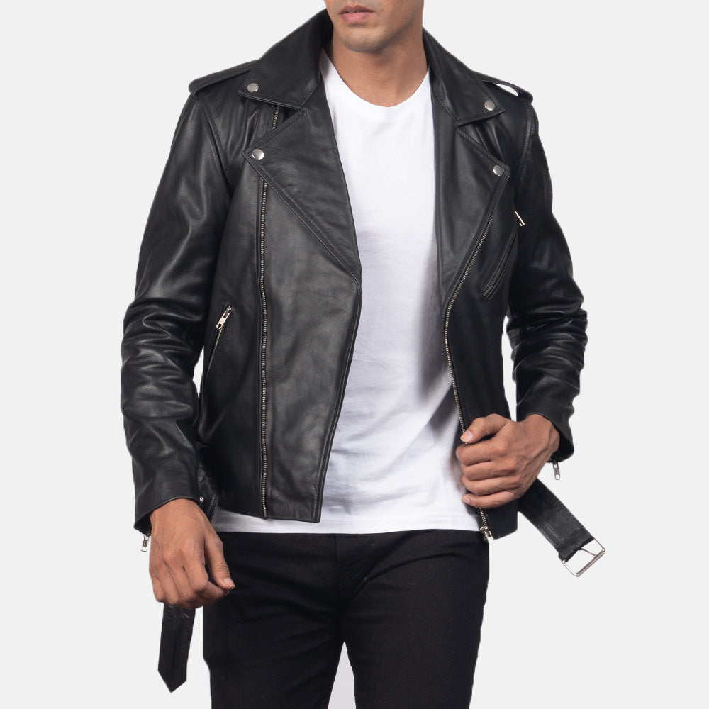 
Κοντινό πλάνο λεπτομέρειας of Notch & Zipper & Waist belt Hardware on Allaric Alley Black Leather Biker Jacket