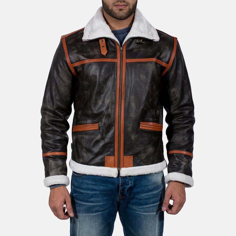Men's Alpine Brown Fur Leather Jacket in Distressed Brown Goatskin Leather - Front Profile View &amp; Tailored Silhouette | Buy Online