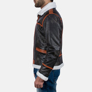 Close-Up Detail of High neck with Belt &amp; Zipper Hardware on Men's Alpine Brown Fur Leather Jacket
