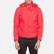 
Κοντινό πλάνο λεπτομέρειας of High neck with Belt & Zipper Hardware on Alps Quilted Red Windbreaker Jacket