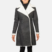 Close-Up Detail of Notch &amp; Leather Buttons Hardware on Women's Amie Black Double Breasted Shearling Coat