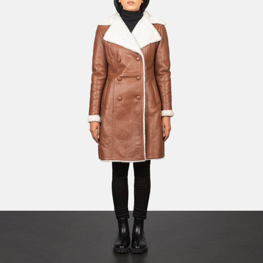 Women's Amie Brown Double Breasted Shearling Coat in Brown Sheepskin Burnishing - Front Profile View &amp; Tailored Silhouette | Buy Online