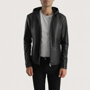 Men's Andy Matte Black Hooded Leather Jacket - Lateral Side Profile View Showing Sleeve Cut &amp; Athletic Taper Fit