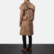 Men's Army Brown Leather Duster - Lateral Side Profile View Showing Sleeve Cut &amp; Athletic Taper Fit