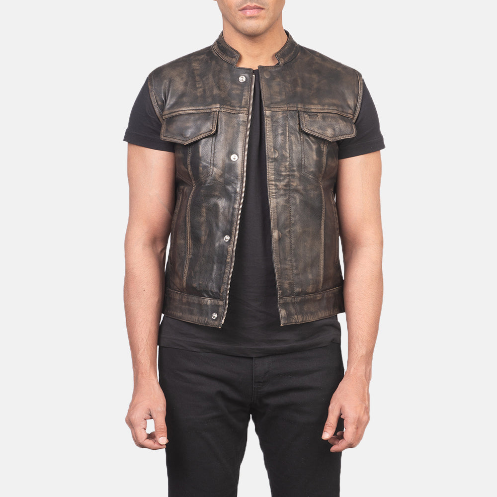 
Atlas Moto Distressed Καφέ Δερμάτινο Γιλέκο Ανδρικό in Distressed Brown Sheepskin Leather - Μπροστινή όψη & εφαρμοστή σιλουέτα | Αγορά online
