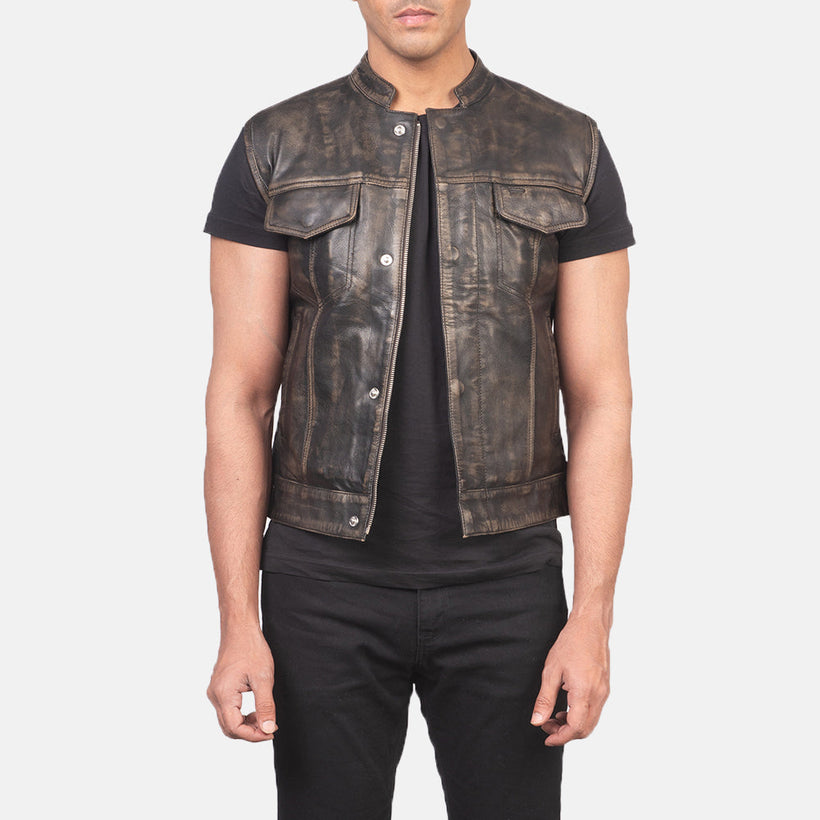 Atlas Moto Distressed Καφέ Leather Vest Ανδρικό