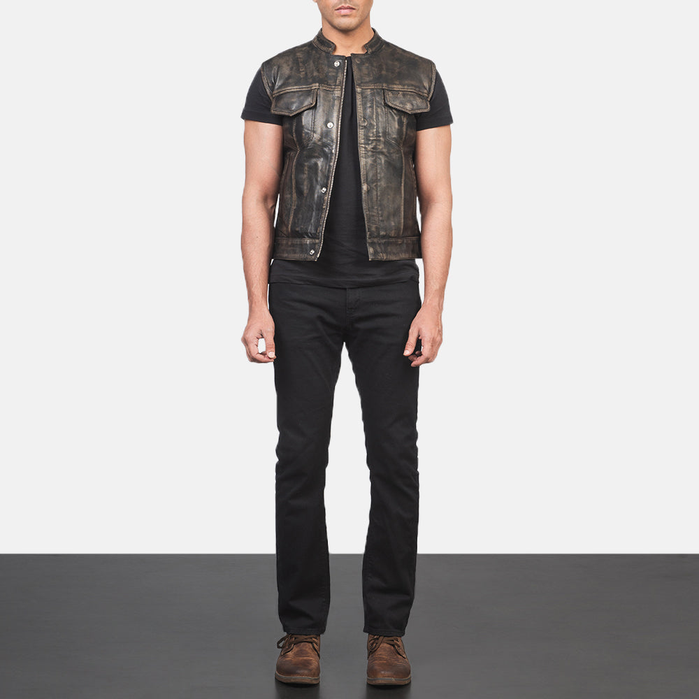 
Atlas Moto Distressed Καφέ Δερμάτινο Γιλέκο Ανδρικό - Πλαϊνή όψη που αναδεικνύει το κόψιμο των μανικιών