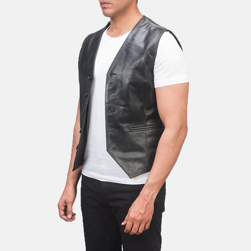 Black Cowhide leather Vest - Back View Showing Tailored Shoulder Fit & Clean Hemline