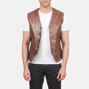 Men's Auden Brown Leather Vest in Brown Cowhide Leather - Front Profile View &amp; Tailored Silhouette | Buy Online