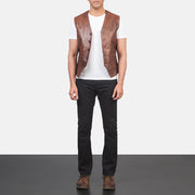 Men's Auden Brown Leather Vest - Lateral Side Profile View Showing Sleeve Cut &amp; Athletic Taper Fit