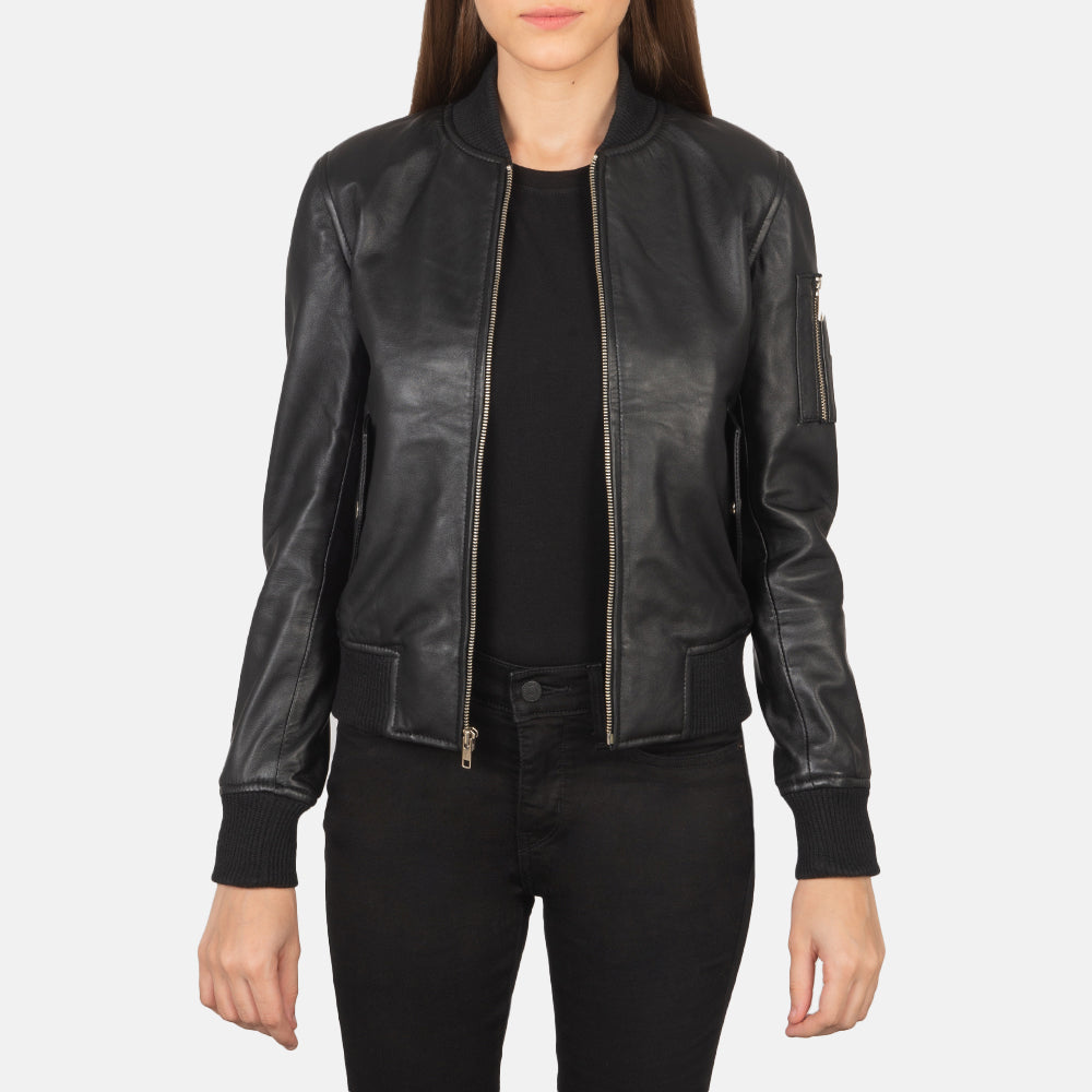 Women's Ava Ma-1 Black Leather Bomber Jacket in Black Sheepskin Leather - Front Profile View &amp; Tailored Silhouette | Buy Online