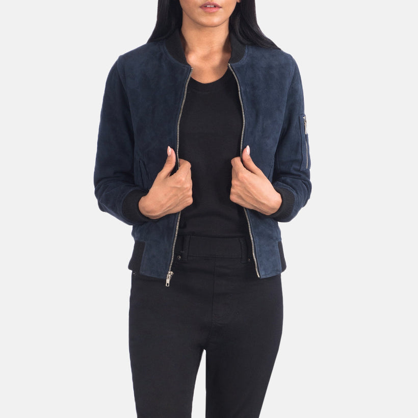 Ava MA-1 Blue Suede Δερμάτινο Μπουφάν Bomber Γυναικείο