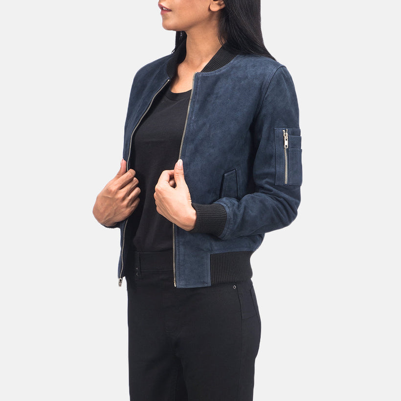 Ava MA-1 Blue Suede Δερμάτινο Μπουφάν Bomber Γυναικείο