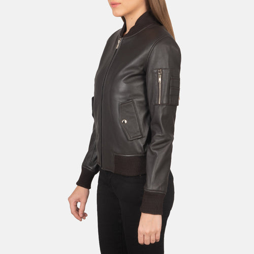 Brown Sheepskin Leather Bomber Jacket - Back View Showing Tailored Shoulder Fit & Clean Hemline