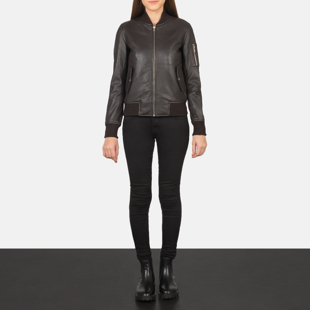 Women's Ava Ma-1 Brown Leather Bomber Jacket - Lateral Side Profile View Showing Sleeve Cut &amp; Athletic Taper Fit