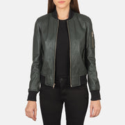 Ava Ma-1 Green Leather Bomber Jacket in Green Sheepskin Leather - Front Profile View & Tailored Silhouette | Buy Online